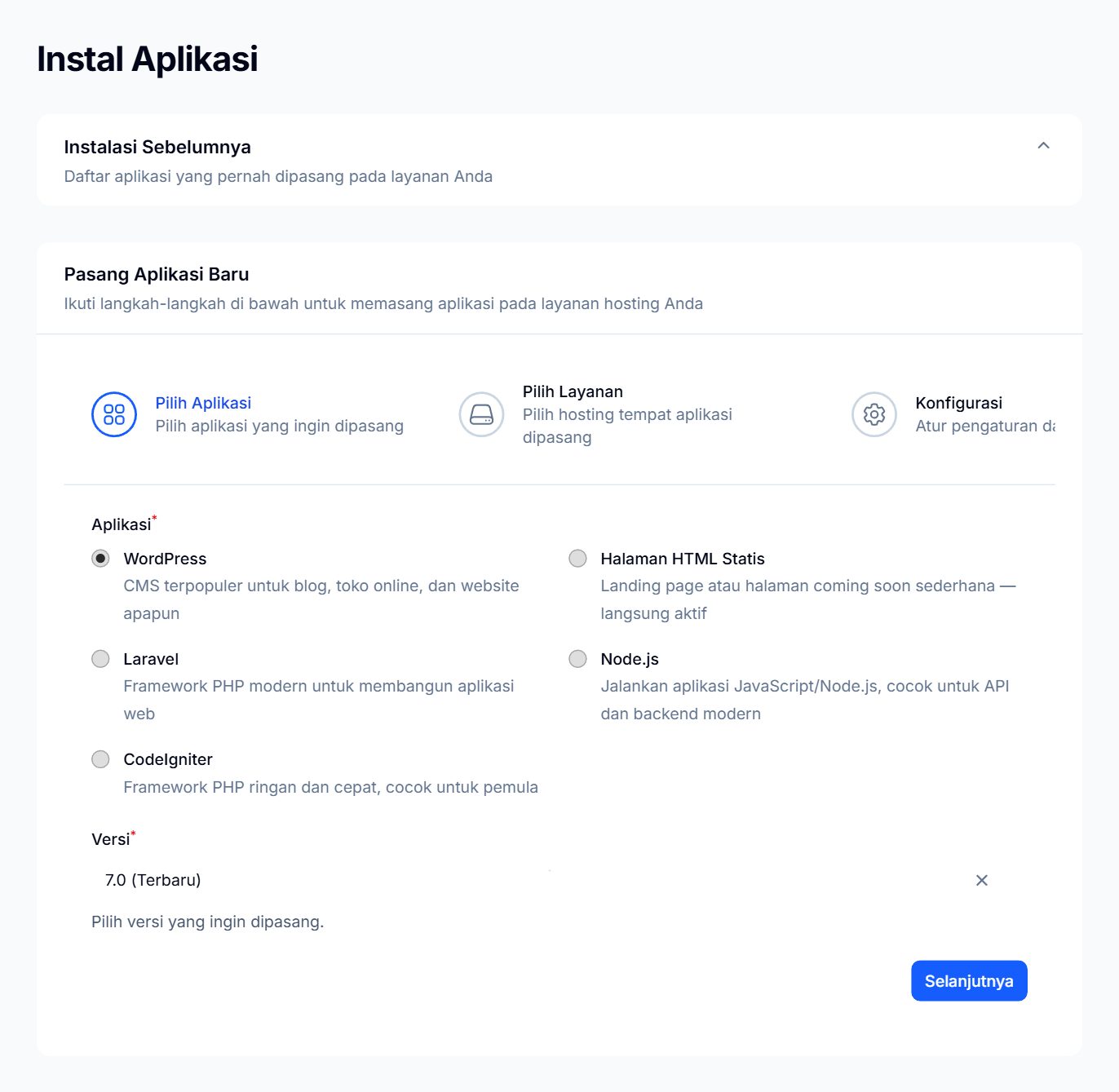 Langkah pilih aplikasi (WordPress)